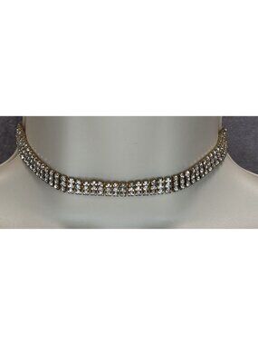 Vintage 3 Layer Rhinestone Choker Necklace Silver Gold Tone Glam Statement Jewel